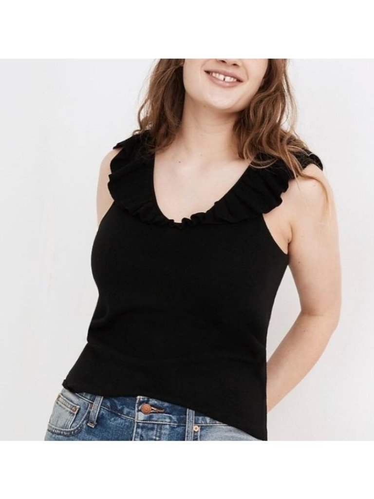 Madewell Belhaven Rib Knit Ruffle Tank In Black Size Xl